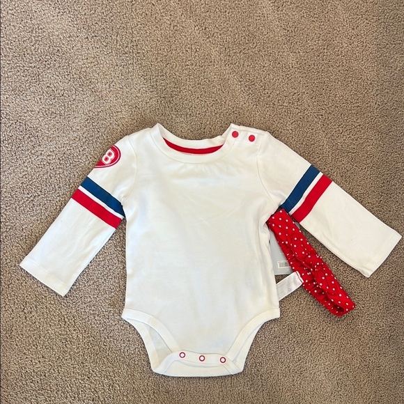 White Long Sleeve Baby Onesie with Red and Blue Accents - Picture 2 of 5